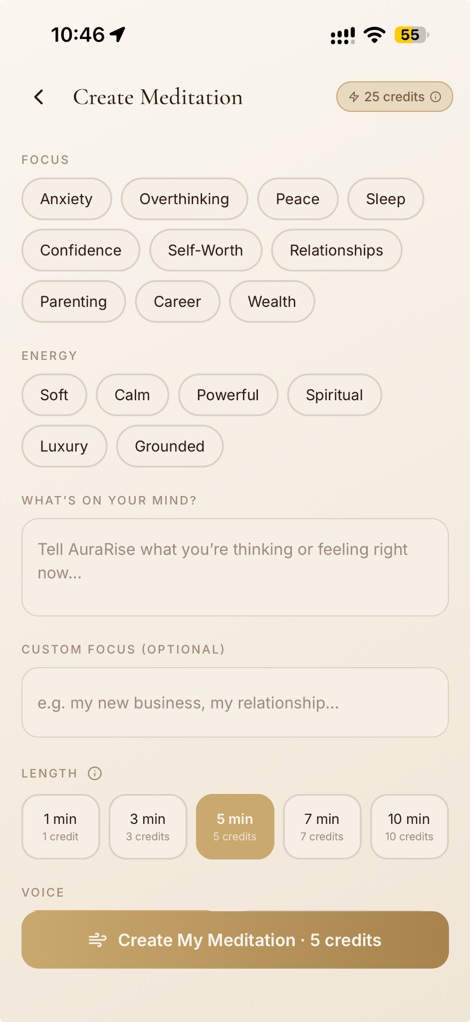 AuraRise focus and personalization screen