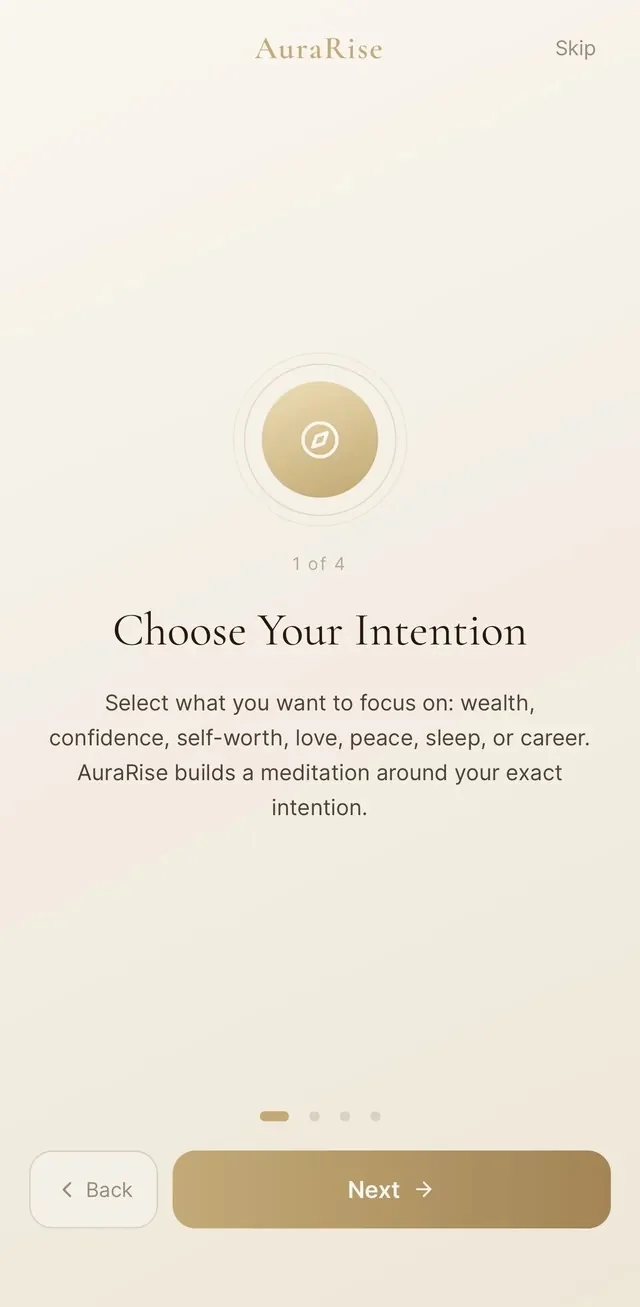 AuraRise onboarding intention screen